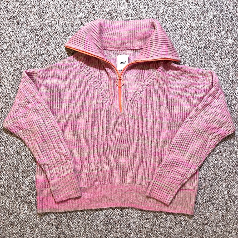 Aerie Quarter Zip Oversized Knitted Pink and Orange Women's Sweater